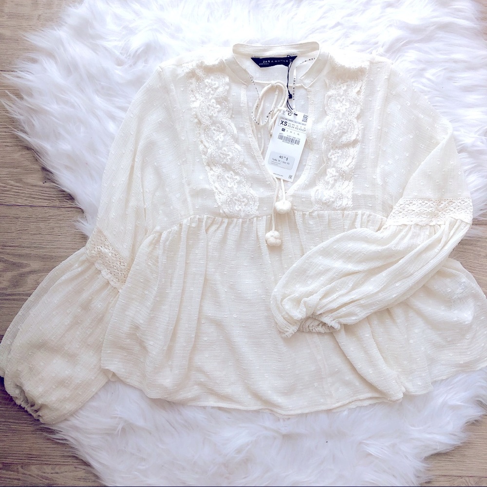 ZARA Bohemian Lace Plumetis Blouse - Ecru/Ivory